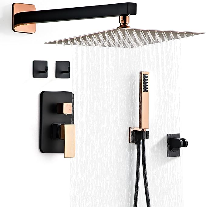 Shower Faucet Set, Matte Black and Rose Gold Rainfall Shower System Complete Wall Mounted for Bathroom with 12 Inch Square Shower Head and Handheld Shower Head Rain Mixer Combo Set