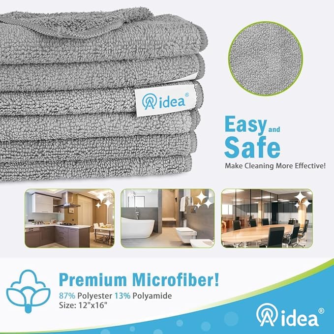 AIDEA Microfiber Cleaning Cloth-8PK, Soft Microfiber Towels for Cars, Absorbent Cleaning Rags, Lint-Free Streak-Free Wash Cloths for House, Kitchen, Window(12in.x16in), Grey