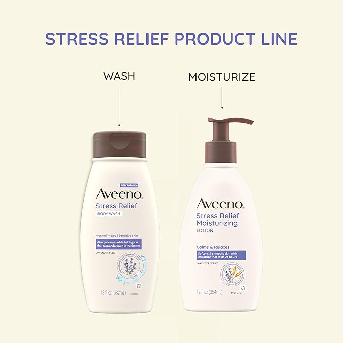 Aveeno Stress Relief Moisturizing Body Lotion 33 Fl Oz, Lavender Scent with Prebiotic Oat, Hydrating 24-Hour Moisturizer Non-Greasy for Dry Sensitive Skin, Paraben & Dye Free, Calming & Relaxing