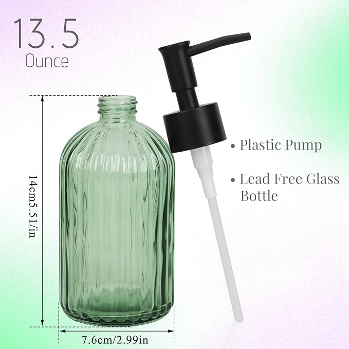 Glass Soap Dispenser with Plastic Pump, Hand Soap Dispenser for Hand Wash, Lotion Dispenser for Dishwashing Liquid, Lotion Shower Gel (Green)