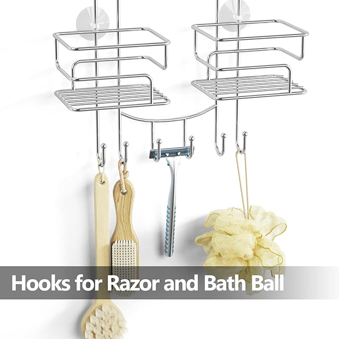 SRIWATANA Shower Caddy Organizer Hanging Over Head, Bathroom Shower Rack Hanger with Hooks for Razors - Chrome