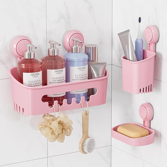 LEVERLOC Shower Caddy Suction Cup Set Shower Organizer & Soap Holder & Toothbrush Holder, Bathroom Shelf Basket NO-Drilling, Removable Suction Storage Waterproof Bathroom Caddy, Pink