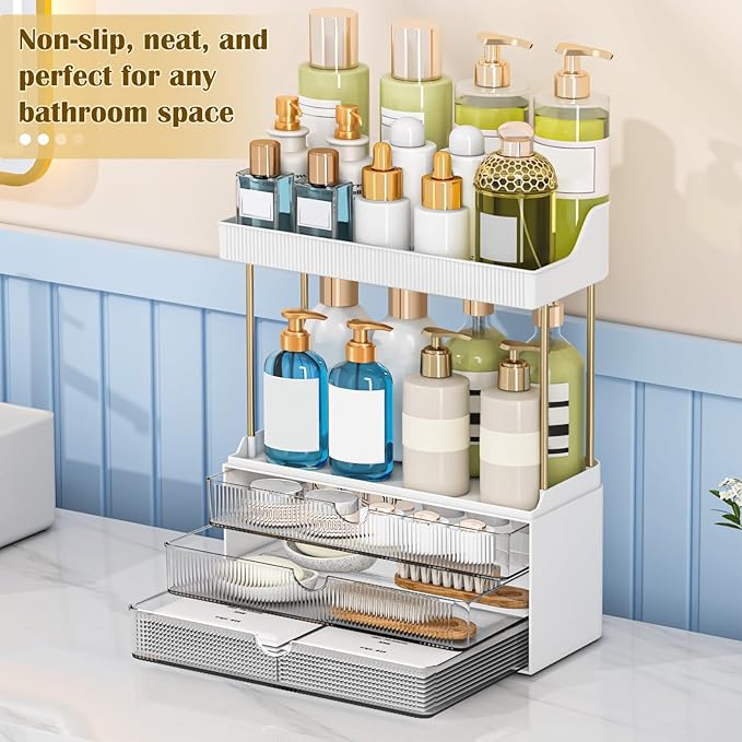 Bathroom Organizers and Storage - 3 Drawers 2 Tier Makeup Organizer, Cosmetic Storage Drawer for Dresser Countertop and Bathroom Vanity for Large Skincare, Perfume, Grey