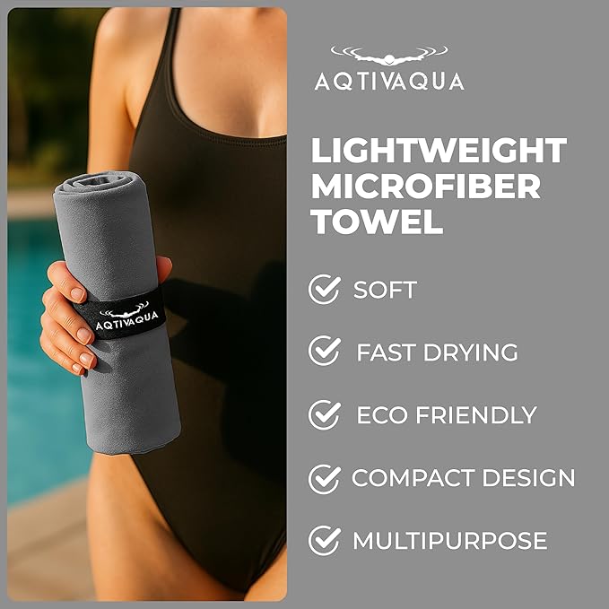 AqtivAqua Quick Dry Towel - Lightweight Microfiber Travel Towel w/Bag - Fast Drying Towel Set for Camping, Beach, Pool, Gym, Backpacking, Sports, Yoga & Swim Use, Hiking (Gray, M:24"x40")