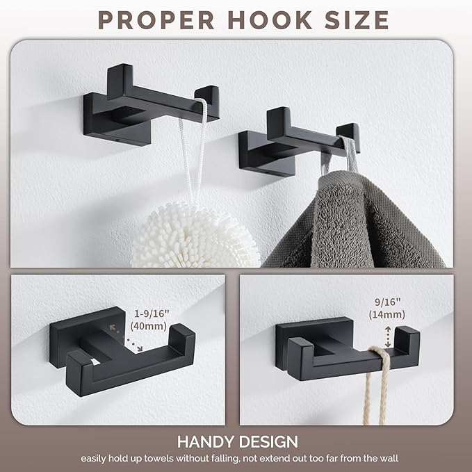 Angle Simple Bathroom Towel Hooks, Stainless Steel Shower Double Robe Coat Hooks for Wall, Matte Black, 2 Pack
