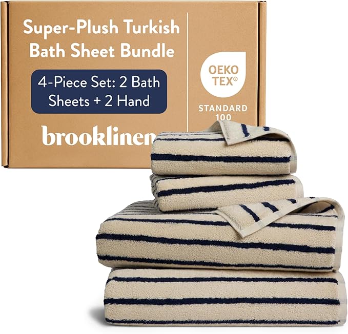Brooklinen Super-Plush Bath Sheet and Hand Towel Set - 2 Bath Sheets 2 Hand Towels - Cotton, Highly Absorbent (Striped Midnight Navy)