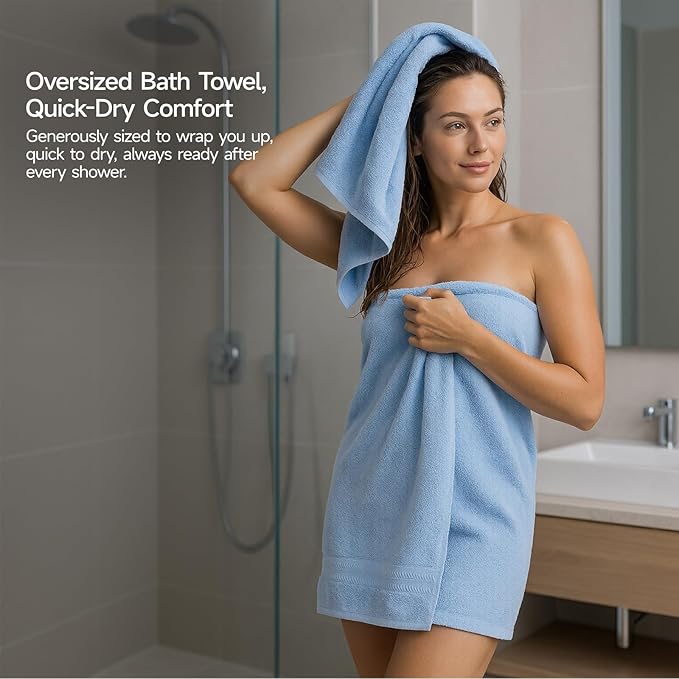 REDKISS Blue Towel Set of 8-100% Cotton Luxury Bath Towels Set for Bathroom, 600 GSM Highly Absorbent Bathroom Towel with 2 Large Bath Sheet, 2 Hand, 4 Washcloths, Blue Shower Towels for Dorm