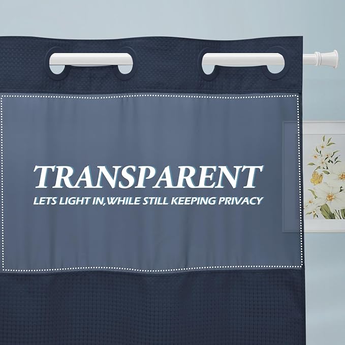 Navy Blue No Hook Shower Curtain with Snap in Liner,230GSM Waffle Weave Shower Curtains for Bathroom,71W x 74H