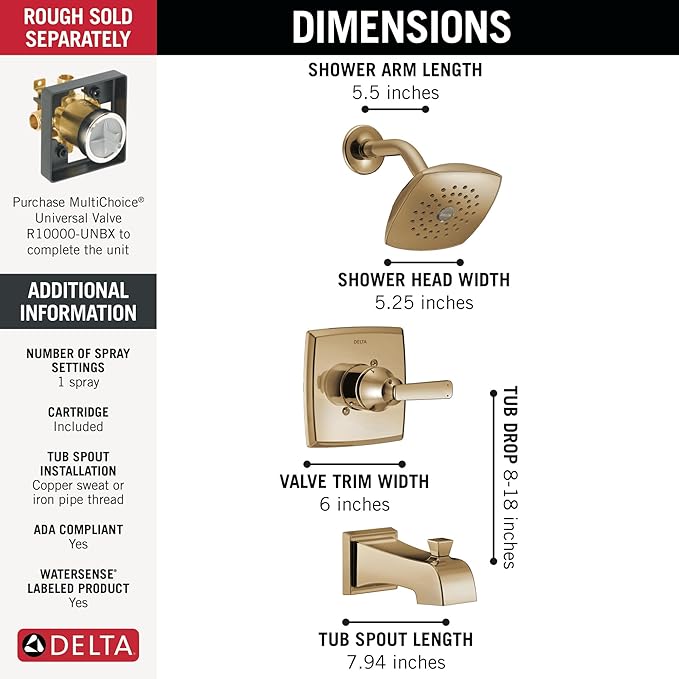 Delta Ashlyn 14 Series Bathtub and Shower Faucet Set, Brushed Gold Shower Head and Handle Set, Valve Trim Kit, Stainless T14464-CZ (Valve Not Included)