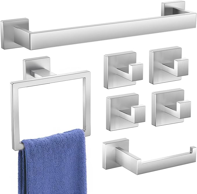 7-Pieces Brushed Nickel Bathroom Accessory Set, Bathroom Accessories, Towel Racks for Bathrooml, Stainless Steel, SUS304 Stainless Steel Wall Mounted, Bath Towel Bar Set