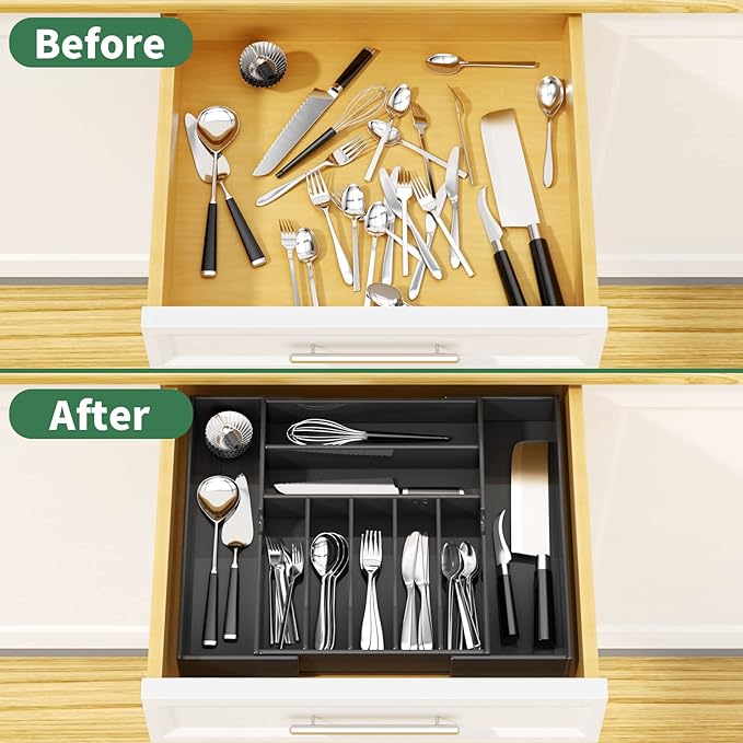 NIUBEE Expandable Kitchen Drawer Organizer for Flatware and Utensils,Black Acrylic Adjustable Silverware Tray for Drawer,Office,Bathroom Supplies-9 Compartments