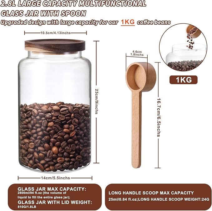 Large Glass Coffee Storage Jar with Lids Spoon Thicken Glass Coffee Canister Borosilicate Glass Food Containers for Ground Coffee Beans Nut Pasta Sugar Candy Spice Rice Loose Tea (2800ml/94oz)