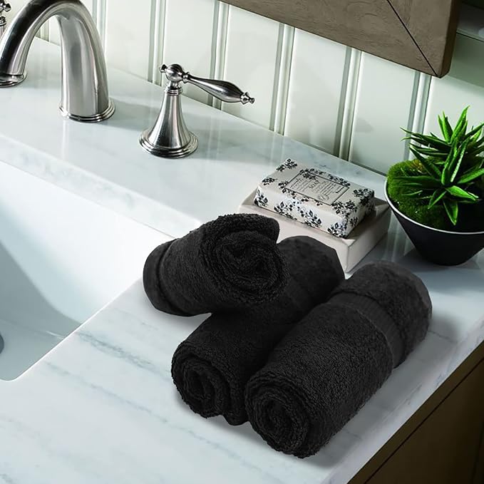 Luxury Hotel & Spa Quality Collection Highly Absorbent, 100% Turkish Cotton 700 GSM, Eco Friendly Towel, for Bathroom, Gymand Kitchen Dobby Border Soft Towel Set (Black, Wash Cloths - Set of 12)