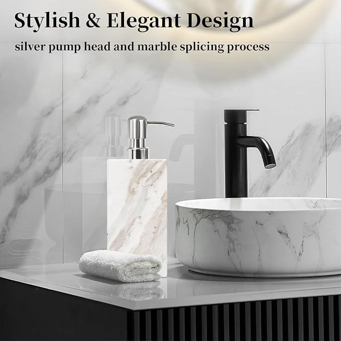 White Marble Soap Dispenser for Bathroom and Kitchen Countertop - Lotion and Liquid Soap Dispenser, 6.7 Ounces Soap Bottle with Pump