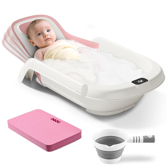 Baby Bathtub,5-in-1 Reclining Baby Bathtub,Baby Bath Tub with Real-Time Thermometer, Adjustable Recline for Custom Comfort for Newborn to Toddler- Ages 9 to 36 Months,Portable Newborn Travel Bath tub