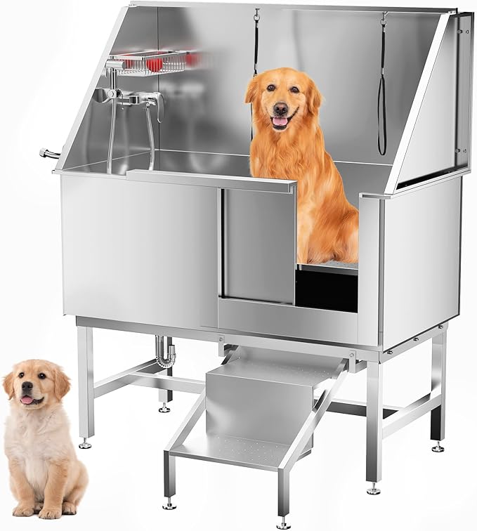 Dog Washing Station 50" Dog Grooming Tub with Right Stair& Faucet, Stainless Steel Dog Bathing Station for Home,Dog Bathtub for Large,Medium,Small Pets