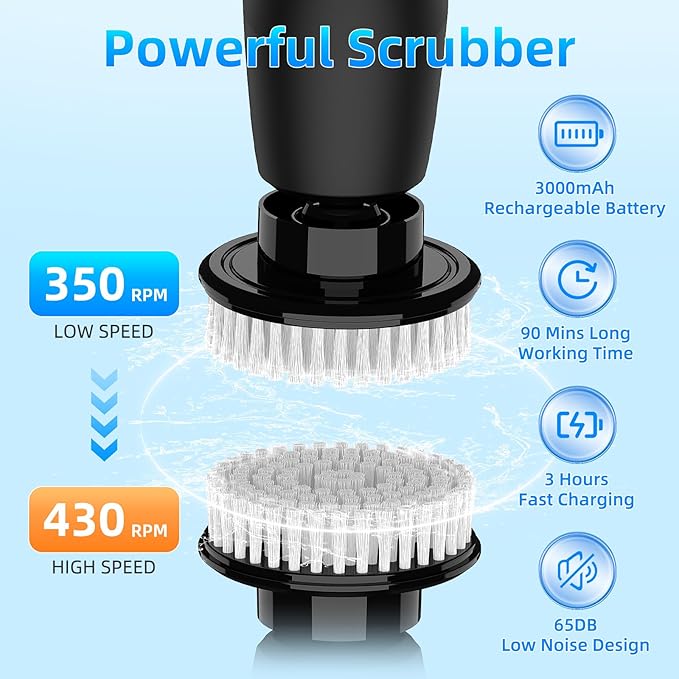 Black Electric Spin Scrubber, Cordless Spin Scrubber with 8 Replaceable Brush Heads, Electric Scrub Brush with Adjustable Extension Handle, Electric Cleaning Brush for Bathroom, Tile and Bathtub