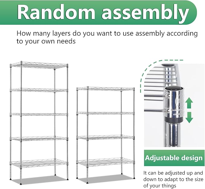 BestOffice | 5-Tier Wire Storage Shelves | 22x12x48 | Chrome | with Adjustable Racks | Heavy-Duty Metal Shelf, Holds Upto 750 lbs | No-Tool Assembly | Ideal for Home & Garage Shelving