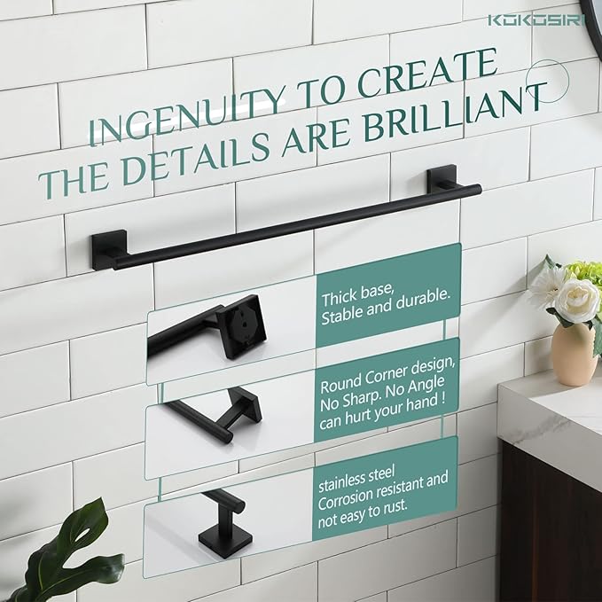 KOKOSIRI Towel Rails Bathroom Towel Bars Matte Black 24 Inch Bath Towel Holder for Cabinet Kitchen Wall, 2 Pack Stainless Steel B4005BK-L24-P2
