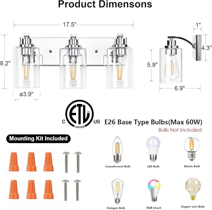 3-Light Bathroom Light Fixtures Modern Chrome Vanity Lights for Bathroom Lighting Fixtures Over Mirror with Clear Glass Shade for Cabinet Mirror Bedroom Hallway