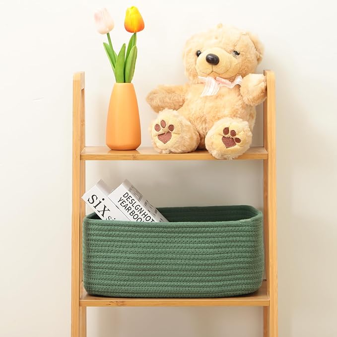 Small Storage Baskets for Organizing | Closet Organizer Bins | Shelf Toy Basket | Woven Rope Baskets | Cube Decorative Box | Shallow Basket | 11.5x7.5x4.7” | 3 Packs Green