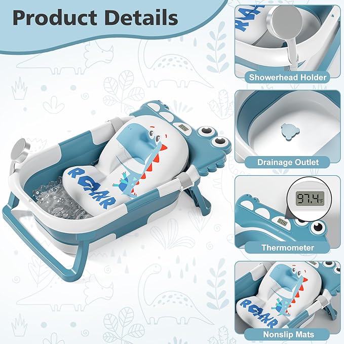 Collapsible Baby Bathtub for Newborn, Foldable Baby Bath Tub with Thermometer & Soft Floating Cushion & Drain Hole, Portable Travel Infant Bath Tubs for Newborns to Toddler 0-36 Months Girl, Blue