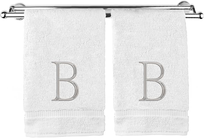 Monogrammed Hand Towel, Personalized Initial Gift, Extra Absorbent 100% Turkish Cotton - Soft Terry Finish - Set of 2 - Silver Block Initial B - Embroidered on White Towels