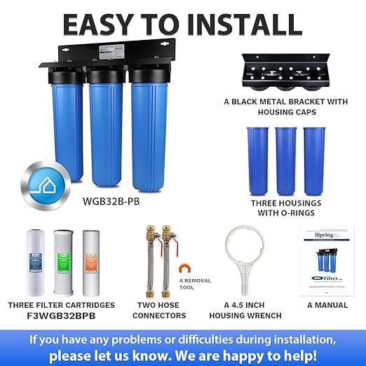 iSpring WGB32B-PB 3-Stage Whole House Water Filtration System (w/ 20” x 4.5” Fine Sediment, Carbon Block, and Lead Reducing Filters) w/ 3/4'' Push-Fit Stainless Steel Hose Connectors