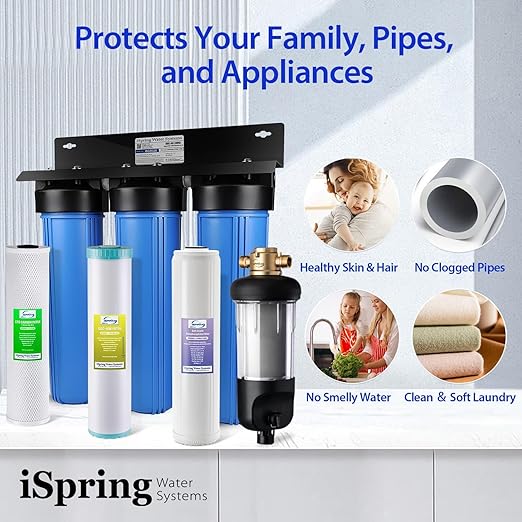 iSpring Whole House Water Filter System w/Jumbo-Sized Spin Down Sediment Filter, Polyphosphate Anti-Scale, GAC+KDF, and Carbon Block Water Filters, Water Descaler and Filter, Model: WGB32B-KDS+WSP50J