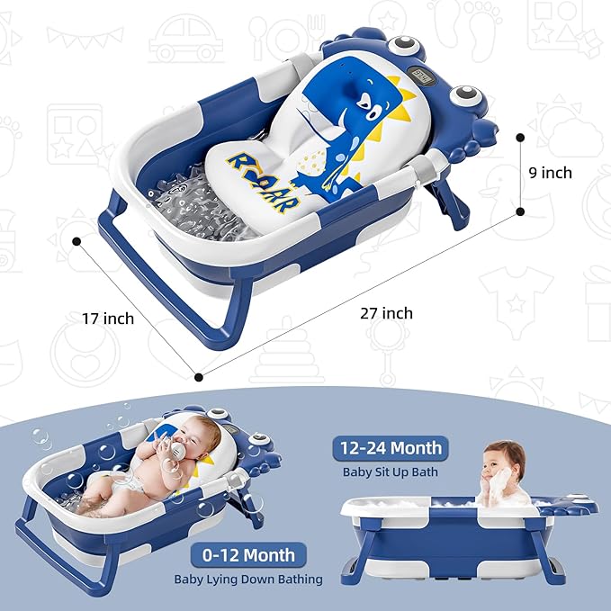 Collapsible Baby Bathtub for Newborns to Toddler with Real-time Temp Monitor & Floating Cushion,Portable Travel Tub for 0-36 Month, Foldable Baby Bath Tub for Infants Boy (Blue)