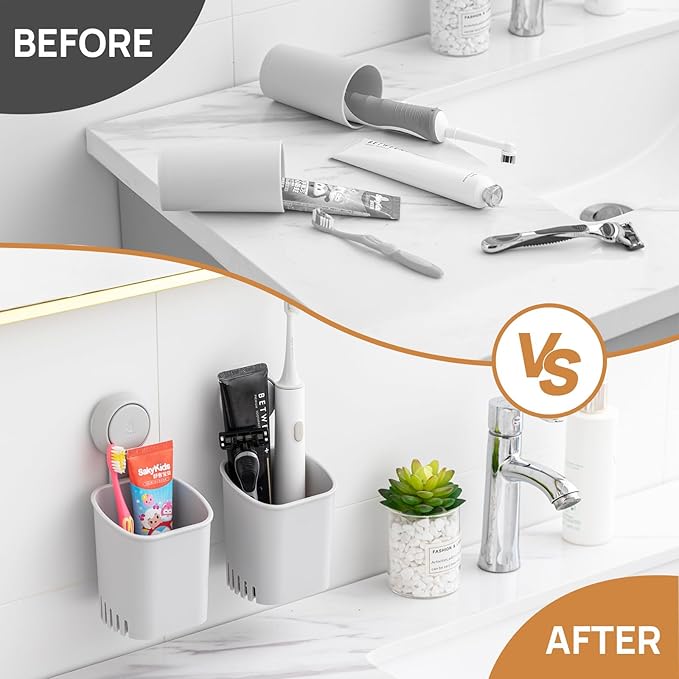 LEVERLOC Powerful Suction Toothbrush Holder 2 Pack, Removable Drill-Free Wall Shower Holder for Toothbrush, Toothpaste, Razor, Self-draining Suction Cup in Shower, Kitchen Tableware Organizer, Gray