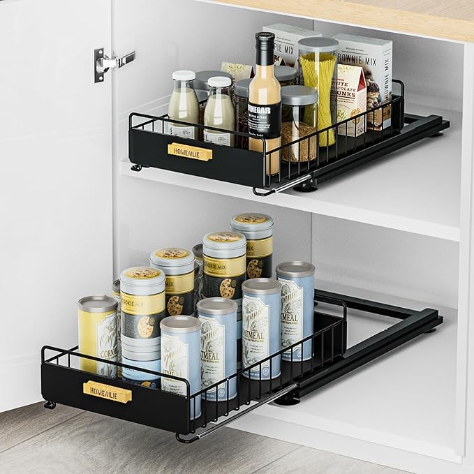 Under Sink Organizer, 2 Packs Under Sink Organizers and Storage, Slide Out Pull Out Cabinet Organizer Shelf with Metal Drawers for Kitchen Bathroom Pantry, Black