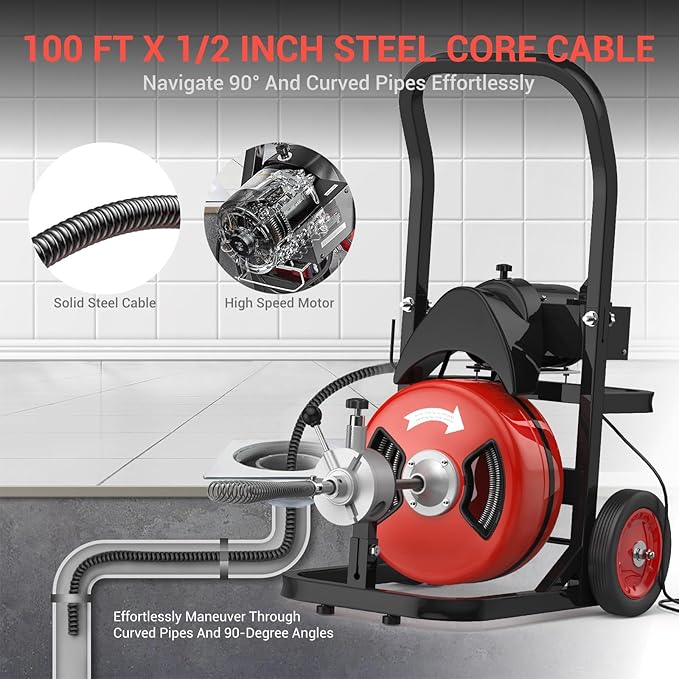 Electric Drain Cleaning Machine 100Ft 1/2 Inch, 450W Auto Feed Portable Sewer Snake, Drain Auger with 6 Cutter and Air-Activated Foot Switch for 2"–4" Pipes