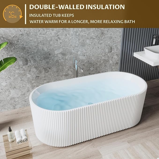 59-in Freestanding Bathtub - Acrylic Soaking Tub with Overflow Drain - CUPC Certified Thickened Design Glossy White for Bathroom