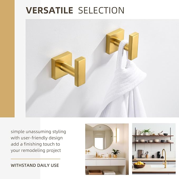 Angle Simple Towel Hooks for Bathroom, SUS 304 Stainless Steel Square Robe Coat Wall Hooks, Hand Towel Holder, Brassy Gold, 2 Pack