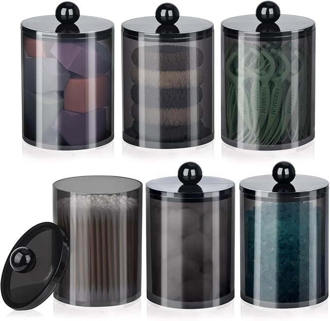 6 Pack Qtip Holder,Canister Apothecary Jar Set, Bathroom Jars with Lids Set for Cotton Swabs, Balls, Pads, Floss Picks,10oz-12oz Plastic Canisters Restroom Bedroom Vanity Organizer(Black)