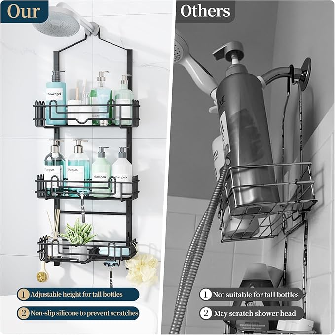 Consumest Shower Caddy Hanging – Rustproof Over Shower Head Hanger with Soap Holder and Hooks, Anti-Slip Shower Shelves for Storage, Bathroom Organizer for Apartment, Dorm, Black