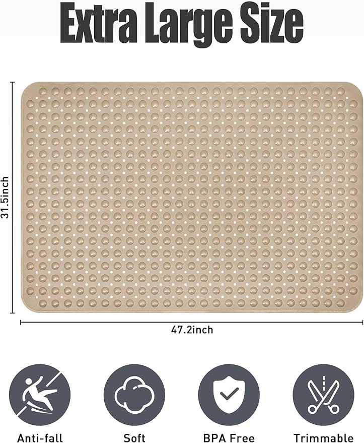Extra Large Shower Mat, Yonala 47.2 x 31.5 Inch Non Slip Shower Mats for Inside Shower with Drain Hole and Suction Cups, Soft Trimmable TPE Anti Slip Shower Mat for Walk in Shower Stall, Heavy Mat