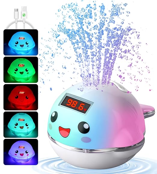 Baby Bath Toy Sprinkler with Thermometer, Temp Alarm & Backlit Display, BPA-Free | CPC Certified for Safety, Light Up Whale Bath Toy for Kids Ages 1-3, Bathtub Water Toys for Toddler, Newborn