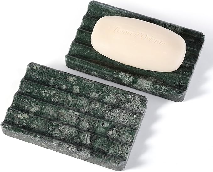 2PCS Koville Indian Natural Green Marble Soap Dish for Shower, Stone Soap Tray for Bathroom, Marble Bar Soap Holder for Sink, Stripe Grooves Soap Saver Sponge Holder