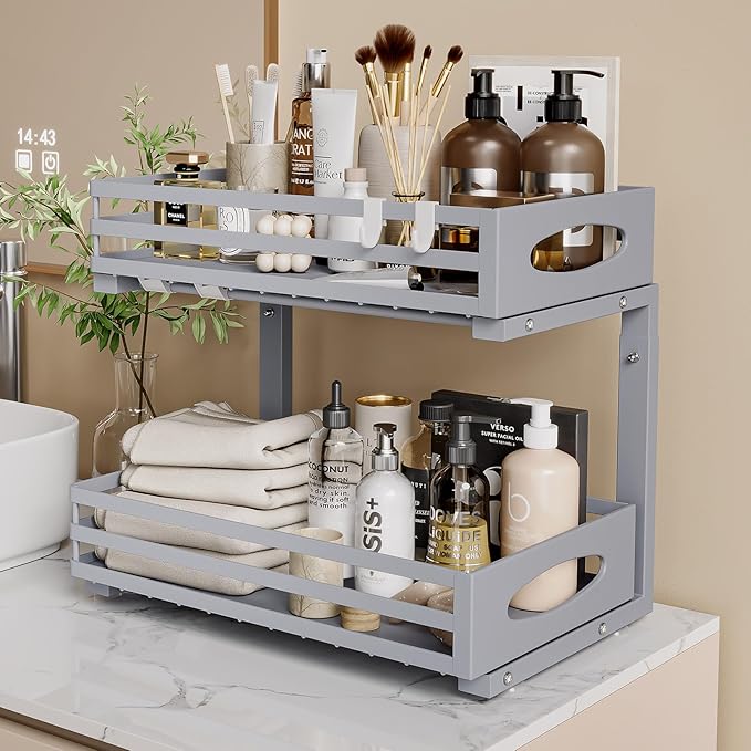 Under Sink Organizer, 2 Tier Under Sink Organizers and Storage, Adjustable Height, Slide Out Metal Cabinet Organizers, Pull Out Cabinet Storage Drawer Shelf for Kitchen Bathroom