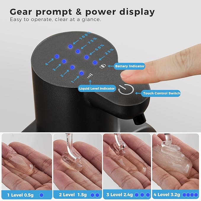 Automatic Liquid Soap Dispenser, 17oz/500ml Touchless Rechargeable with 4-Level Adjustable & IPX5 Waterproof - Level Display for Wall/Tabletop Use in Bathroom, Kitchen, Black