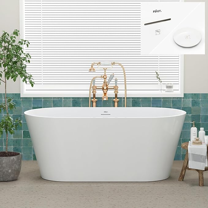 FerdY 59" Shangri-La Elite, Acrylic Freestanding Bathtub, Modern & Contemporary Design Soaking Tub with Polished White Pop-Up Drain and Minimalist Design Overflow, Glossy White, cUPC Certified