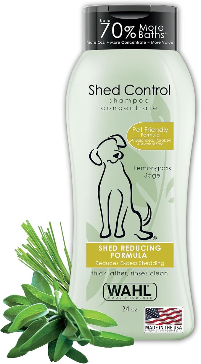 Wahl USA Shed Control Pet Shampoo for Dog Shedding & Dander – Lemongrass & Sage Scent - Contains Oatmeal, & Aloe for Healthy Coats & Moisturized Skin – 24 Oz - Model 820005A