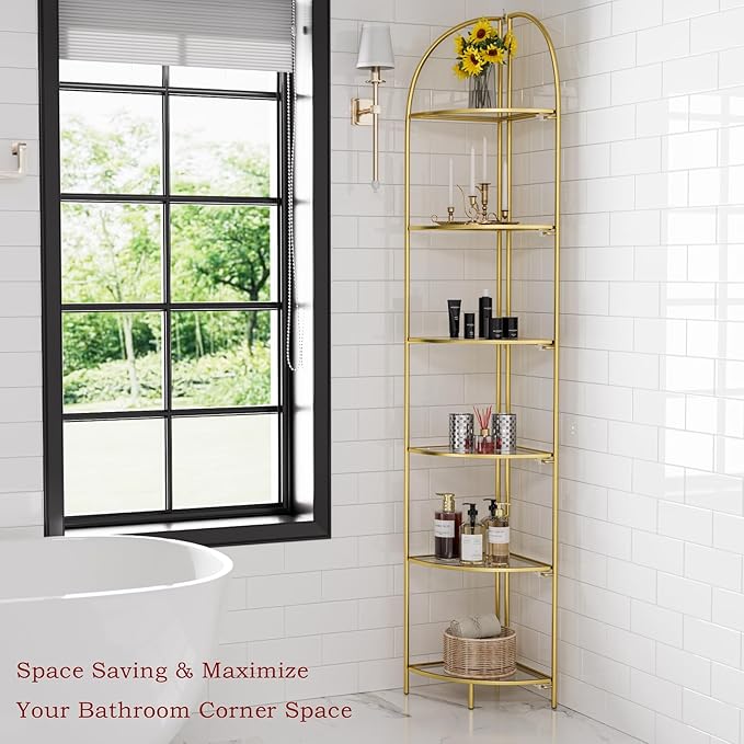 Crofy Foldable 6 Tier Corner Shelf, Metal Corner Plant Stand with Gold Frame and Transparent Shelves, Corner Display Rack Multipurpose Shelving Unit for Living Room, Bedroom, Bathroom