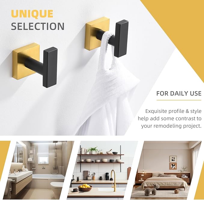 Angle Simple Bathroom Towel Hook 2 Pack, SUS 304 Stainless Steel Bath Robe Coat Holder Wall Mounted, Black & Gold