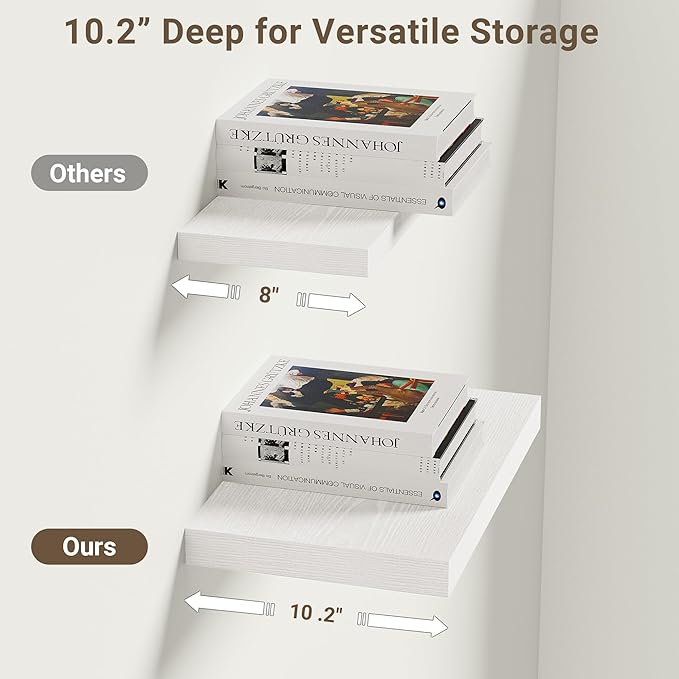 Vivelove 10 in Deep Floating Shelves for Wall, 10.2" x 10.2" x 1.5" Shelves for Room Wall Mounted, 1.5 Inch Thick Shelf for Bathroom Bedroom Kitchen Book Room, Modern Farmhouse Decor, Set of 2, White