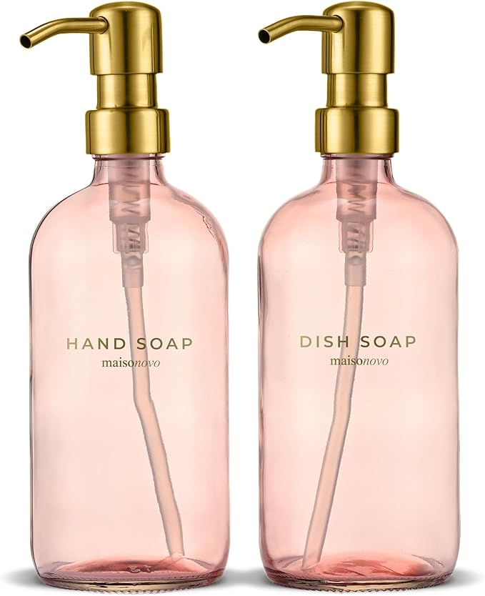 MaisoNovo Soap Dispenser 2-Piece Set | 16.9oz Pink Bottles with Gold Stainless Steel Pumps