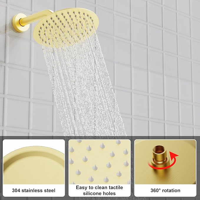 Shower Faucet Set Brass 8IN Rough-In Valve Body Trim Kit Rainfall Included Handle Accessories Complete 2 Functions with Rain Head and Handheld Bathroom Systems (8‘’, Brushed Gold)