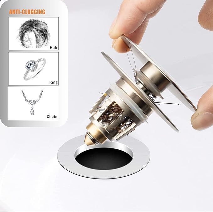 Artiwell Universal Bathroom Sink Drain Stopper, Fits Most Pop-Up Drains for Vessel Sink Lavatory Vanity, Sink Drain Strainer with Detachable Hair Catcher, Tested by Plumber in US (Brushed Nickel)